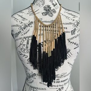 Gold Chain Black Tassel Fringe Statement Necklace Bold Layered Boho Glam Indie